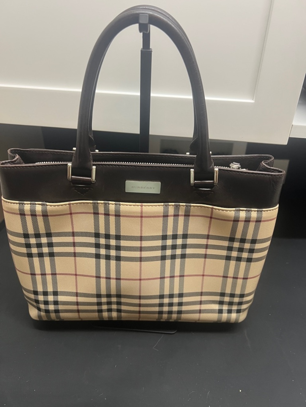 Burberry Beige Plaid Tote with Dark Brown Leather Trim